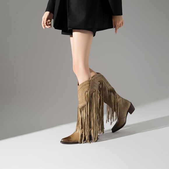 Women's Fashion Pointed Toe Chunky Pull On Knee High Heel Embroidered Tan Boot - Picture 5 of 8